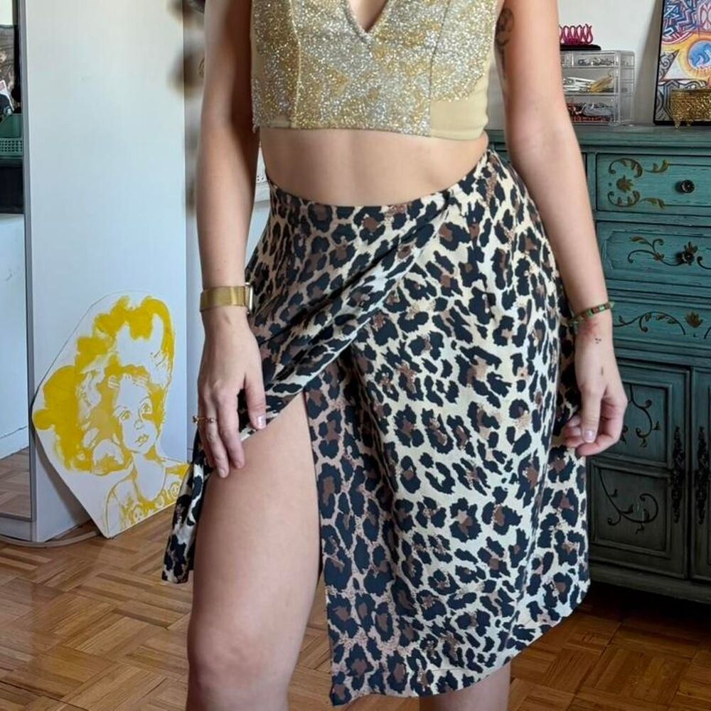 Vintage 90s Silk Leopard Print Midi Wrap Skirt